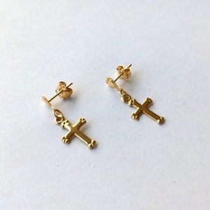 Solid 10K gold cross and heart dangle earrings